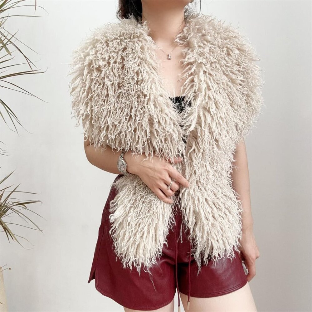 Women's Faux Fur Vest Tank Top Sleeveless Back Tie Halter Shaggy Waistcoat - Picture 3 of 6